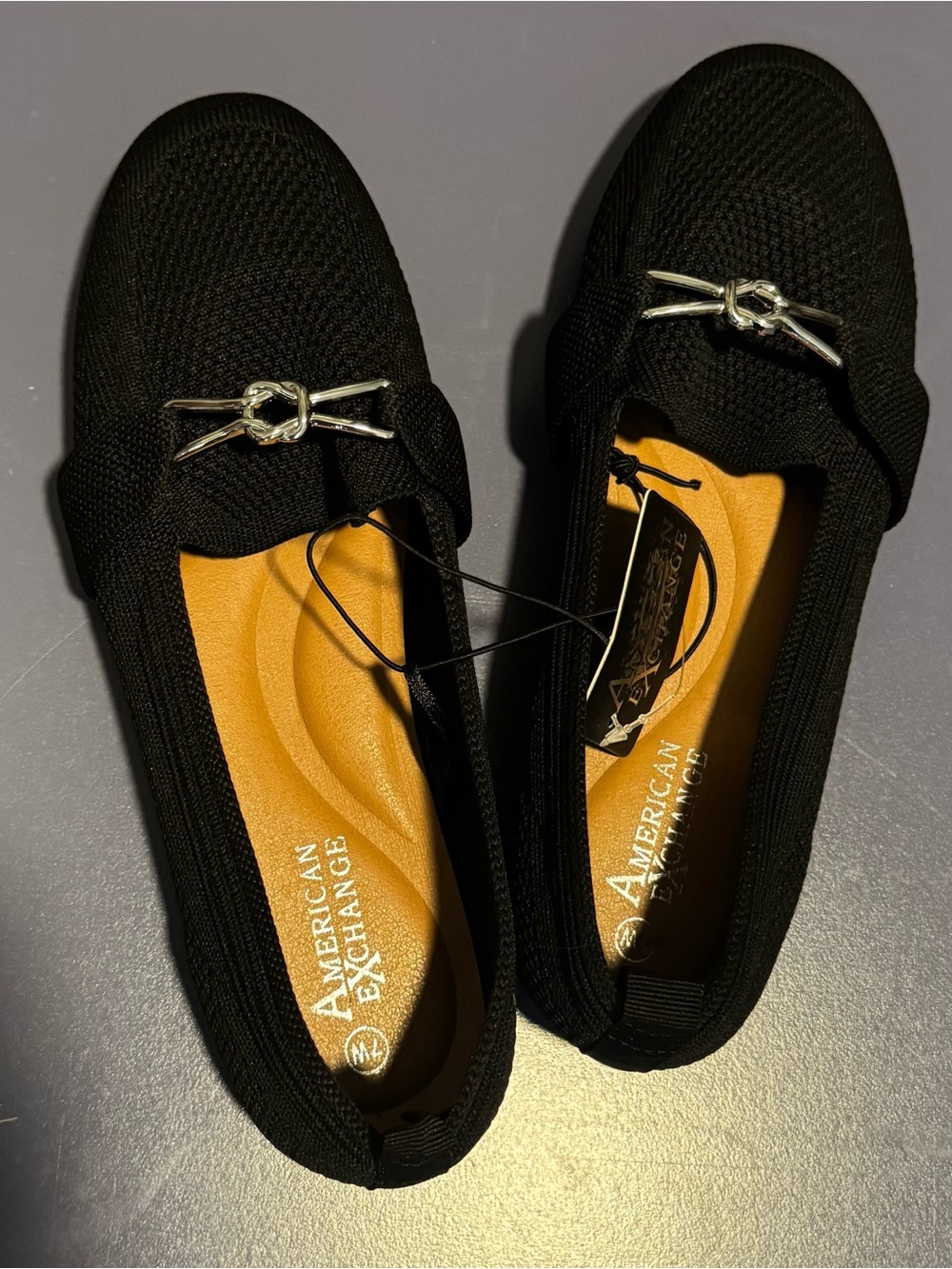 American Exchange Black Knit Slip-On Flats with Silver Knot Accent